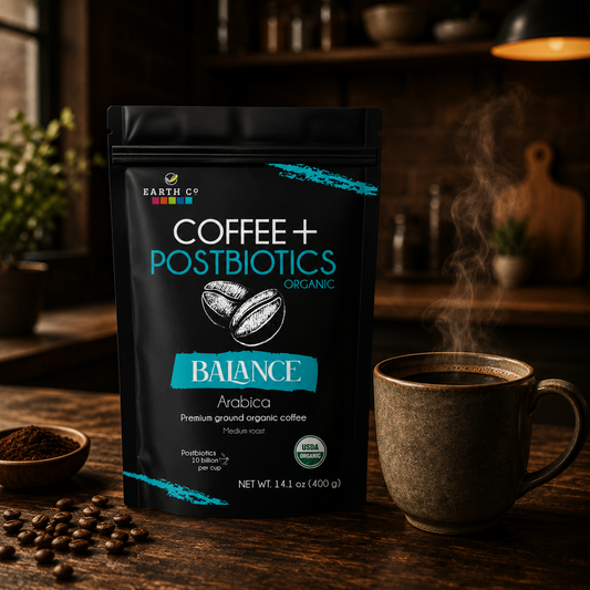 Earth Co Balance organic postbiotic ground coffee bag beside a steaming cup of black coffee in a warm, moody setting