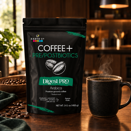The Digest PRO bag on a warm kitchen counter next to a freshly brewed mug of coffee, ready for your morning cup.