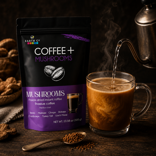 Earth Co mushroom coffee pouch beside a glass of freshly brewed coffee in a warm, moody setting