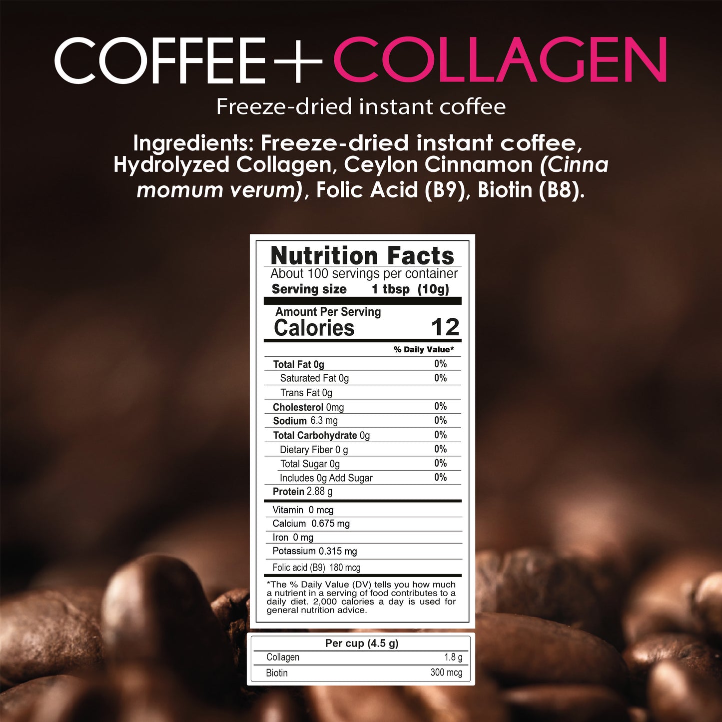 Beauty: Coffee + Collagen with biotin 14.1 oz / Instant Coffee (Cost / Oz $2.74)