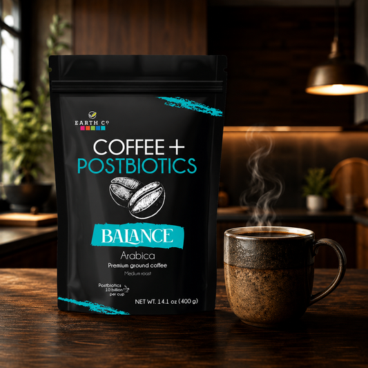 Earth Co Balance postbiotic coffee bag with a steaming mug of black coffee — daily gut health functional coffee
