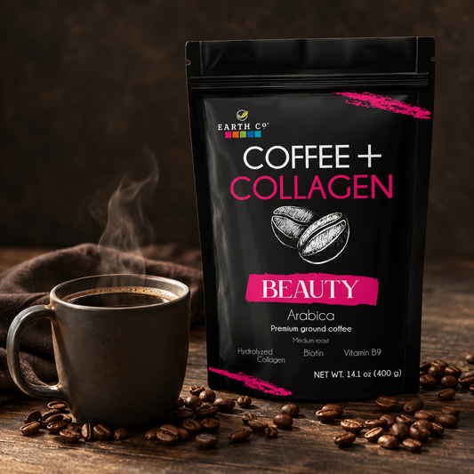 Earth Co Beauty collagen coffee bag beside a freshly brewed mug of coffee
