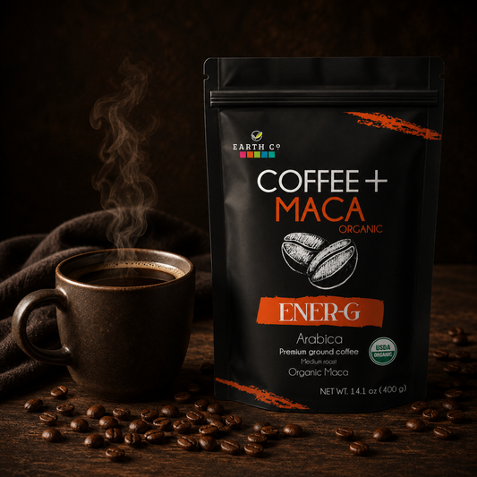 Earth Co ENER-G maca coffee bag beside a steaming mug of black coffee — organic energy coffee