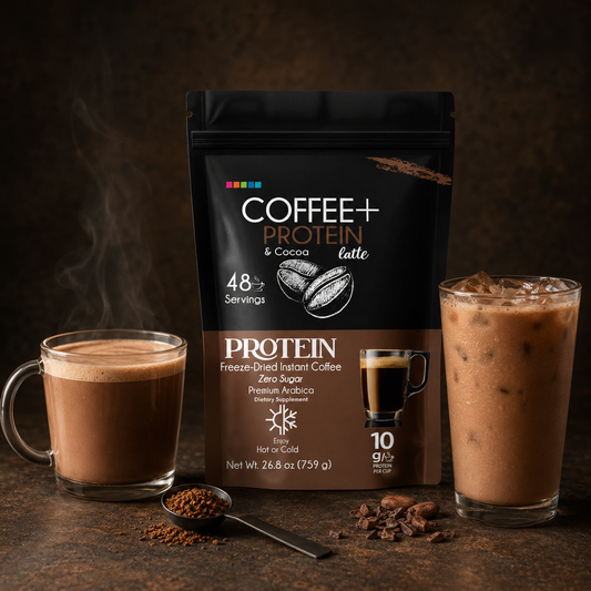 Earth Co Protein & Cacao coffee served hot and iced — enjoy it hot or cold