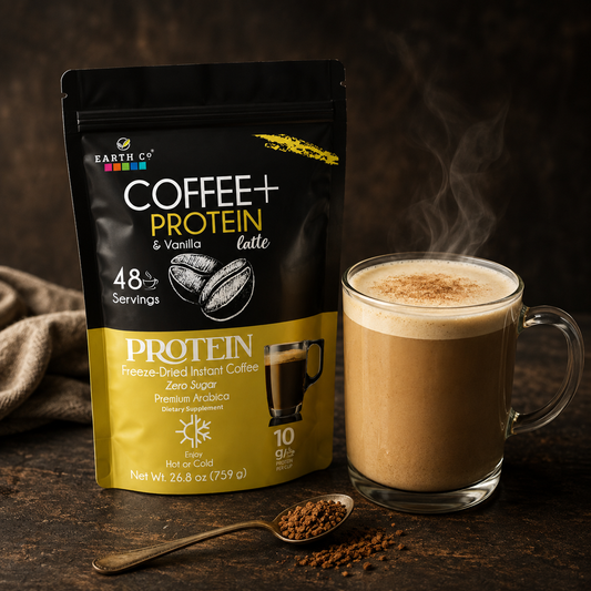 Earth Co Protein & Vanilla instant coffee bag beside a creamy prepared protein latte