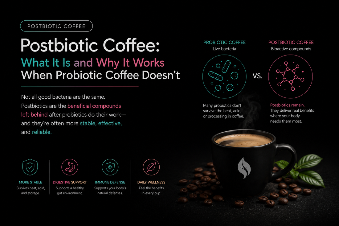 Postbiotic coffee with prebiotic fiber shown beside a freshly brewed cup