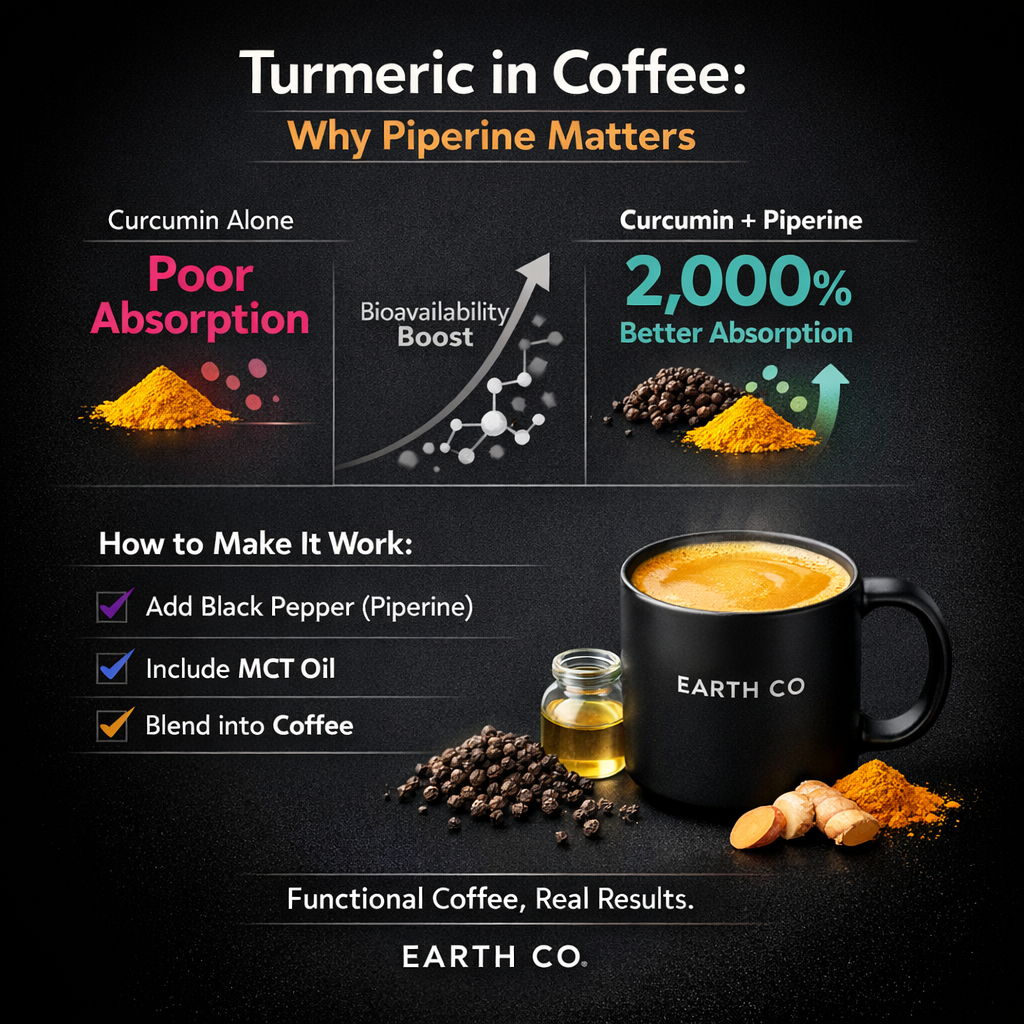Golden turmeric in coffee being stirred into a white ceramic mug