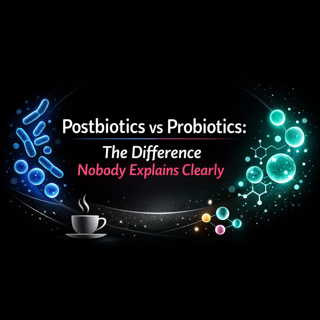 Coffee cup beside illustration comparing postbiotics and probiotics in gut health