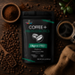 Earth Co Digest PRO pre/postbiotic ground coffee with roasted beans, ground coffee and a cup of coffee