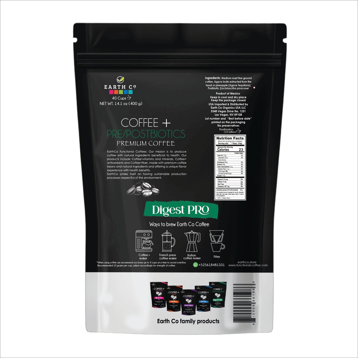 Back of Earth Co Digest PRO Coffee + Pre/Postbiotics ground coffee pouch showing ingredients and directions
