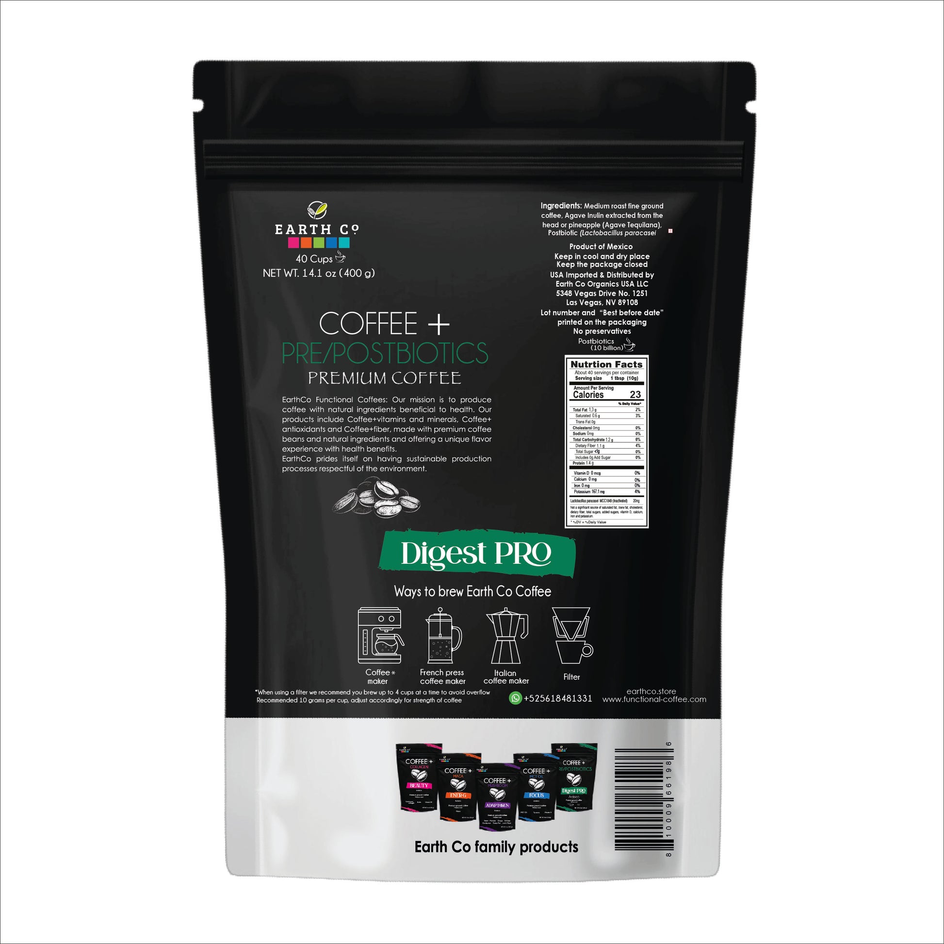 Back of Earth Co Digest PRO Coffee + Pre/Postbiotics ground coffee pouch showing ingredients and directions