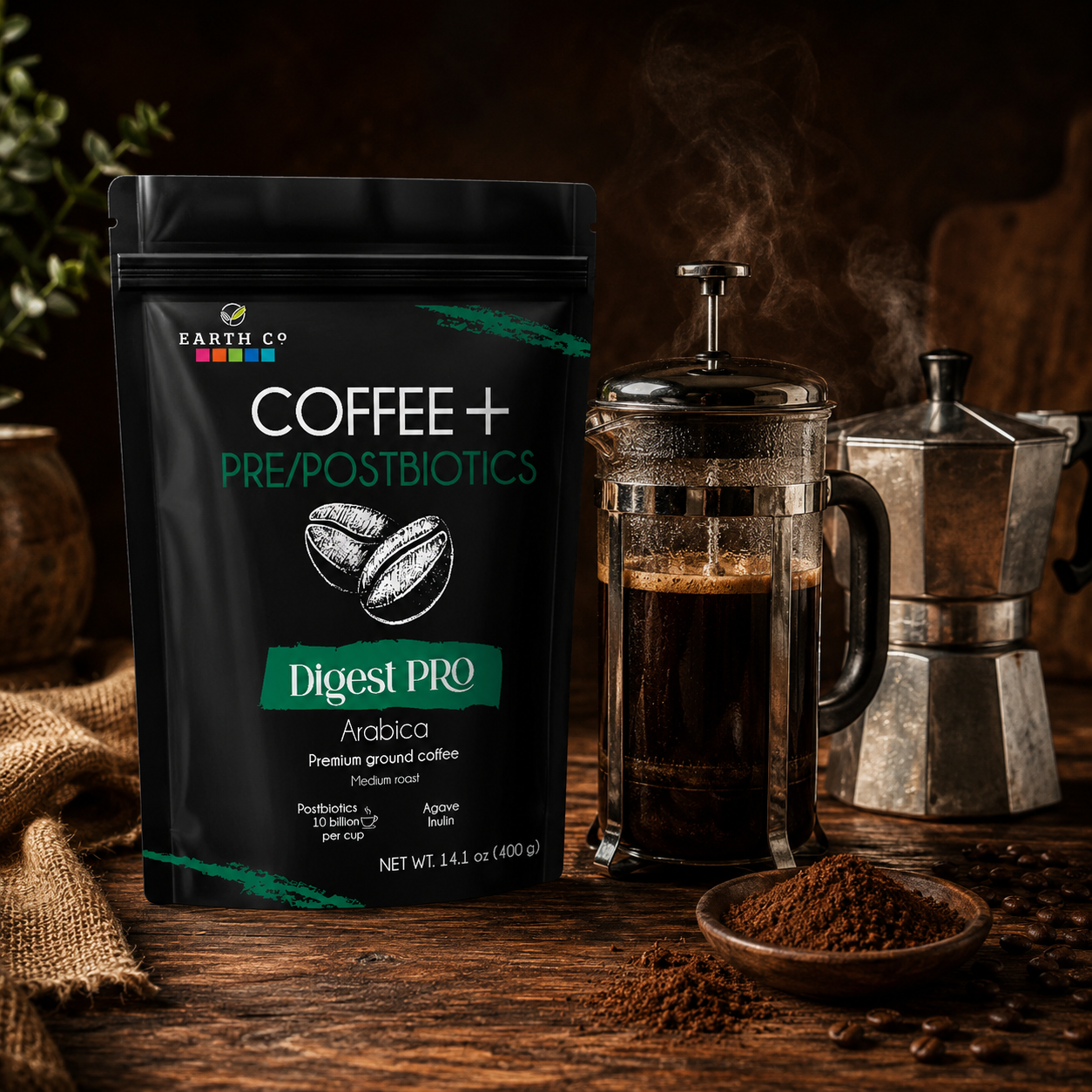 Earth Co Digest PRO ground coffee bag with a moka pot and a French press of freshly brewed coffee