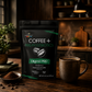 Earth Co Digest PRO pre/postbiotic ground coffee bag beside a steaming cup of black coffee in a warm, moody setting