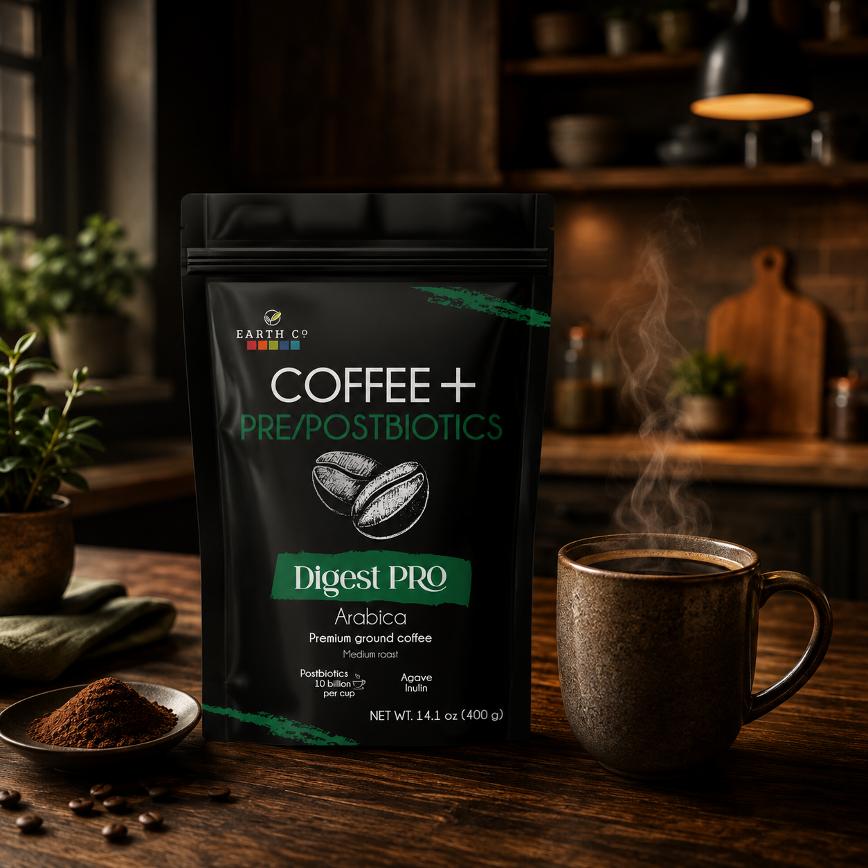 Earth Co Digest PRO pre/postbiotic ground coffee bag beside a steaming cup of black coffee in a warm, moody setting
