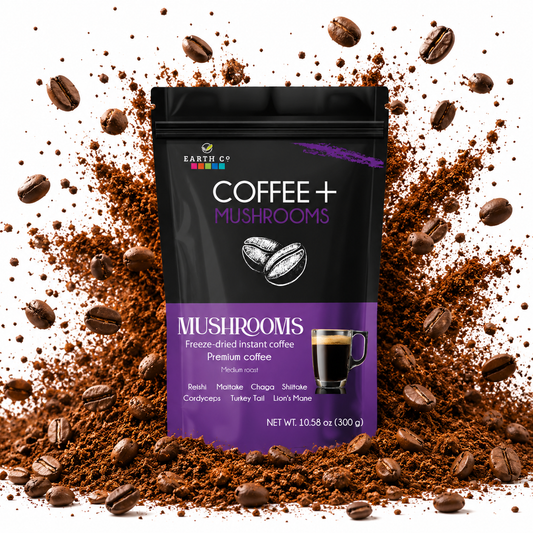 Earth Co Coffee + Mushrooms instant coffee with a 7-mushroom blend, front of pouch on a bed of ground coffee and beans