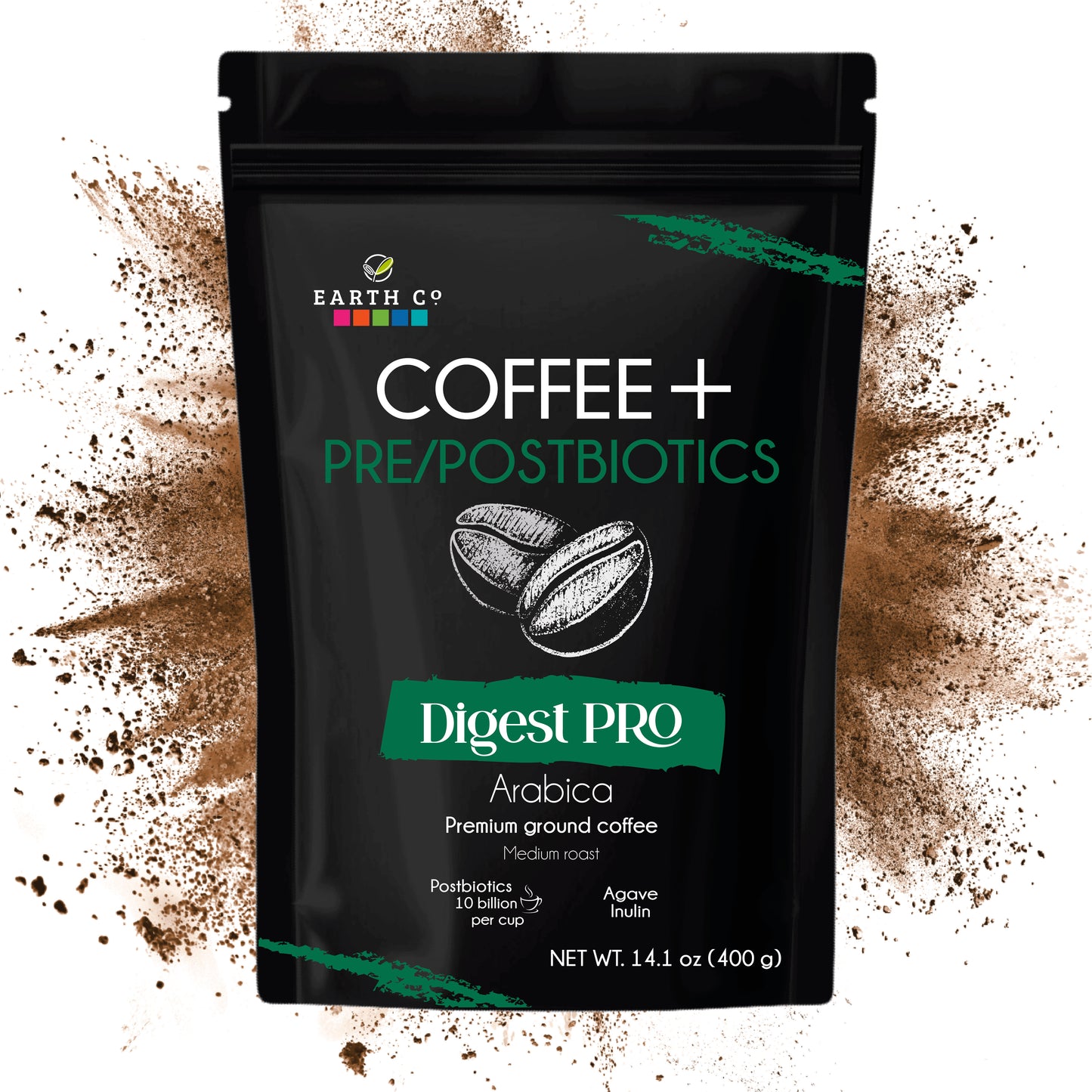 Earth Co Digest PRO coffee with prebiotics and postbiotics, front of ground coffee bag on a burst of coffee grounds and beans