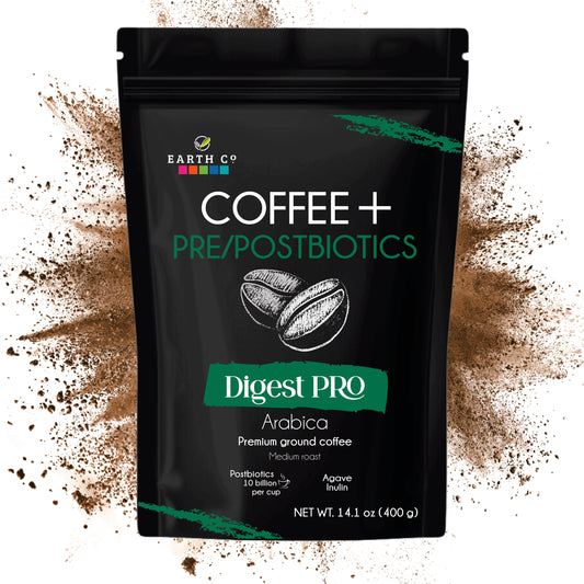 Earth Co Digest PRO coffee with prebiotics and postbiotics, front of ground coffee bag on a burst of coffee grounds and beans