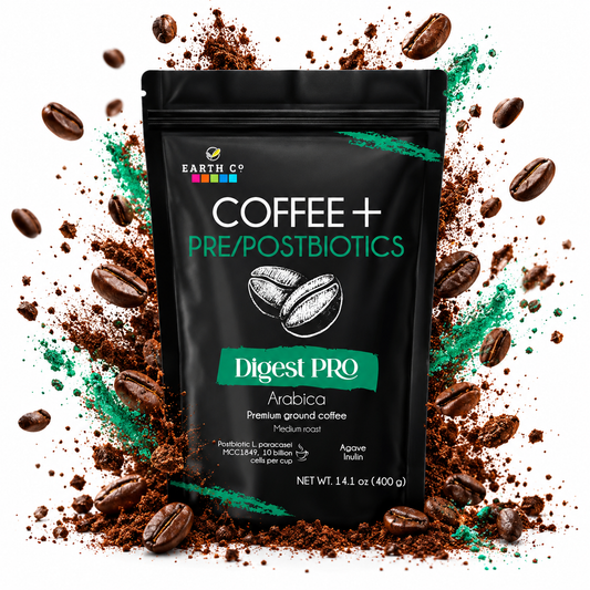 Earth Co Digest PRO premium Arabica ground coffee with agave inulin and postbiotic L. paracasei MCC1849. Medium roast, 14.1 oz bag.