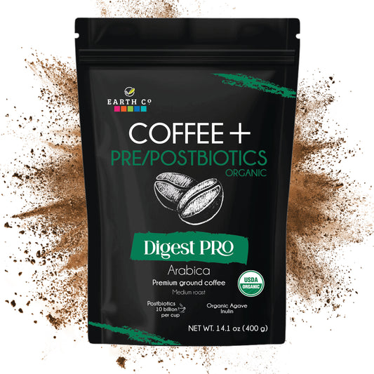 Earth Co Digest Pro Coffee + Pre/Postbiotics — USDA Organic ground coffee for gut health, 14.1 oz bag