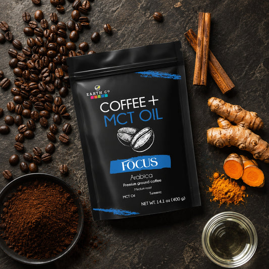 Earth Co Focus coffee with coffee beans, Ceylon cinnamon, and fresh turmeric