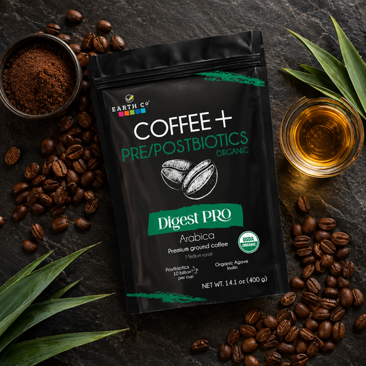 Earth Co Digest Pro organic coffee with coffee beans, ground coffee and agave inulin