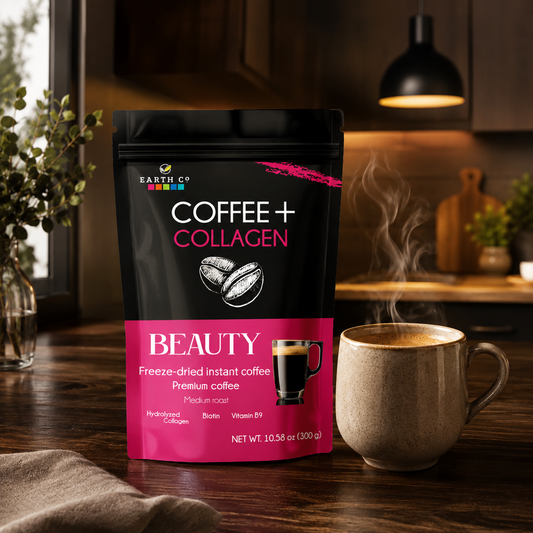 arth Co collagen coffee pouch on a kitchen counter beside a warm cup of coffee