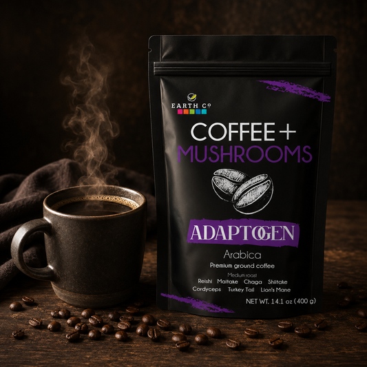 Earth Co Adaptogen mushroom ground coffee bag beside a steaming mug of black coffee — functional coffee with lion's mane