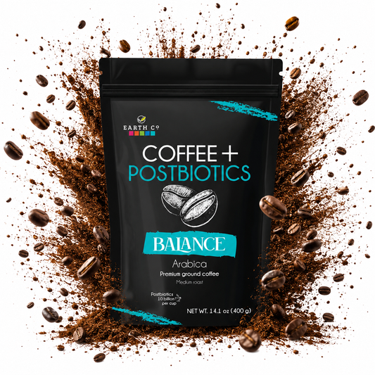 Earth Co Balance Coffee + Postbiotics bag with a brown coffee explosion on white background — Arabica ground coffee, 14.1 oz