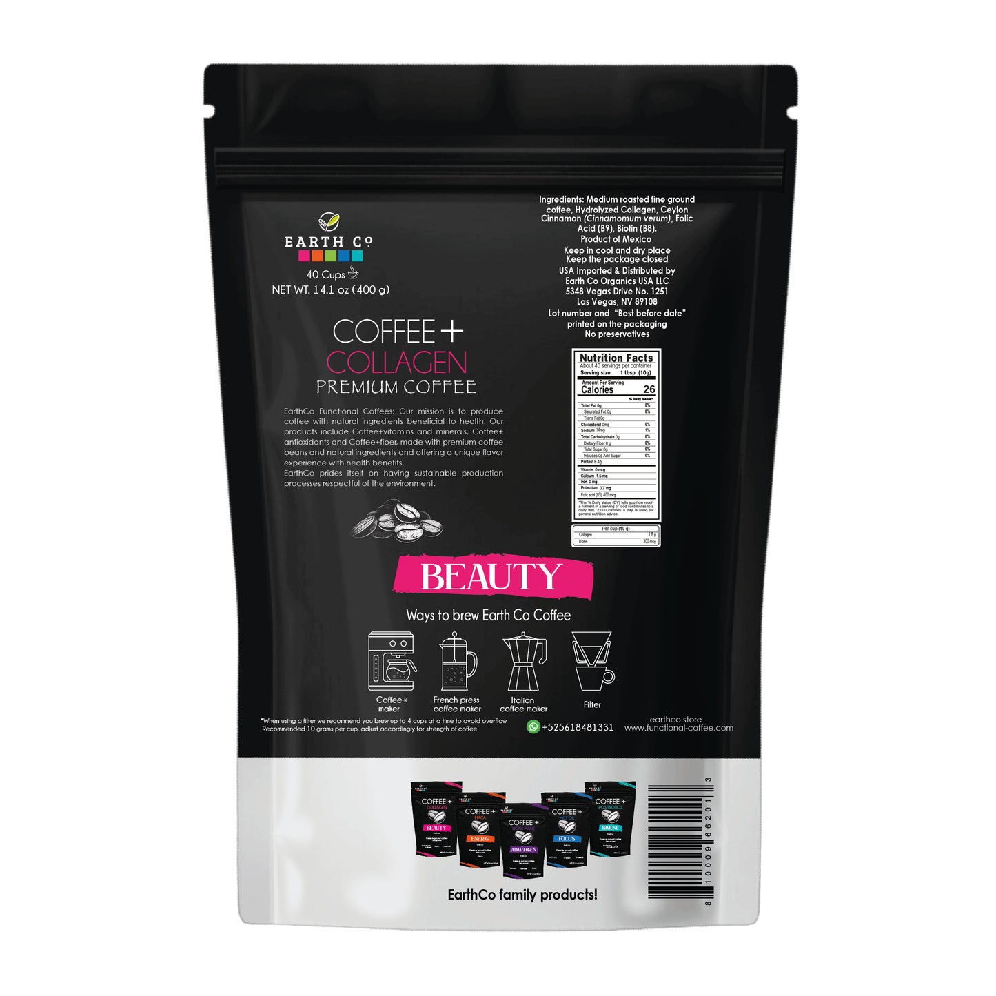 Earth Co Beauty Coffee + Collagen & Biotin ground coffee bag