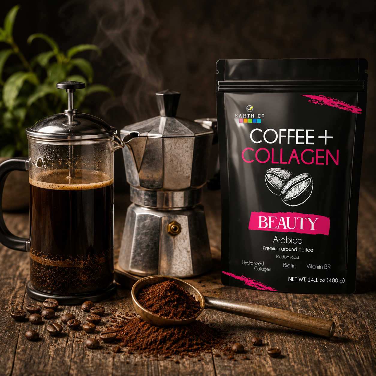 Earth Co Beauty collagen coffee brewing in a French press and Italian moka pot