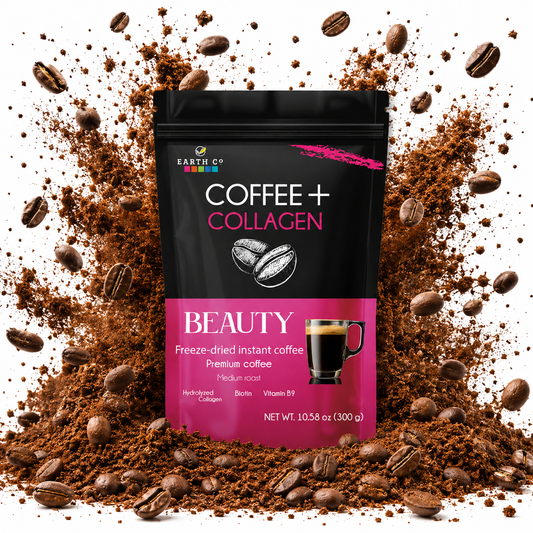 Earth Co Beauty instant coffee with collagen and biotin, front of pouch on a bed of ground coffee and beans