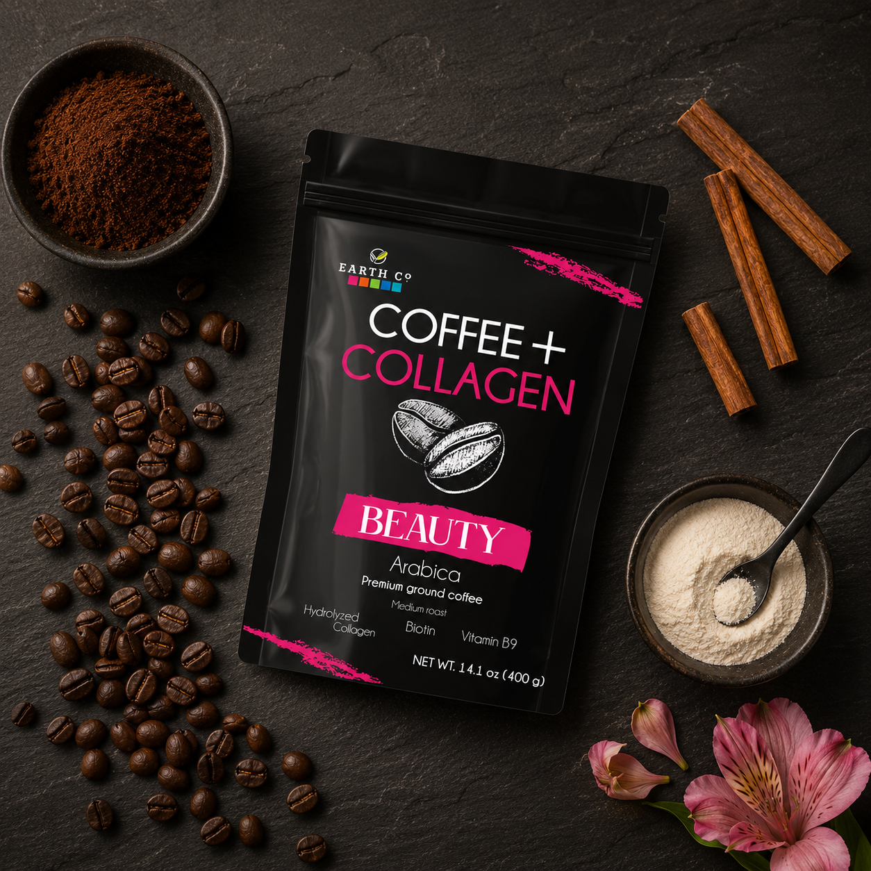 Earth Co Beauty coffee with coffee beans, Ceylon cinnamon and collagen
