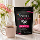 arth Co Beauty collagen coffee on a bright vanity with a mug of coffee and flowers