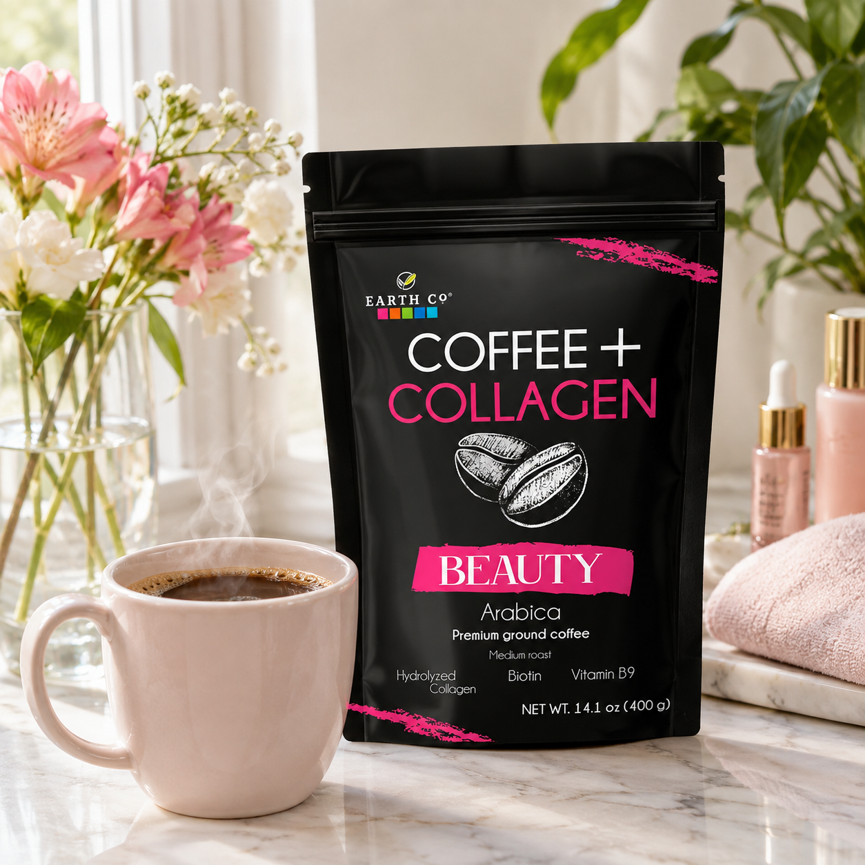 arth Co Beauty collagen coffee on a bright vanity with a mug of coffee and flowers
