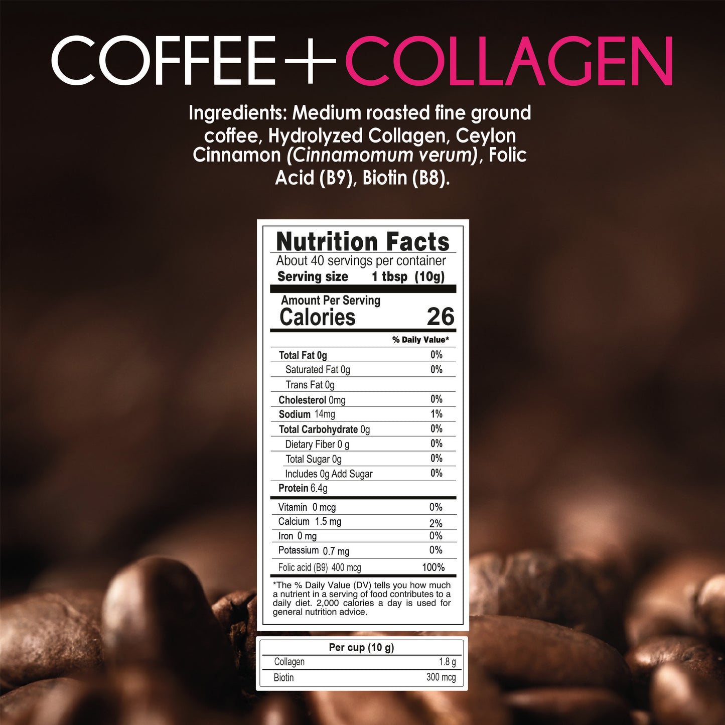 Back of Earth Co Beauty coffee bag — ingredients, nutrition facts and brewing guide