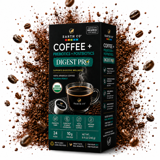 Earth Co Digest Pro coffee pods box — 24 count K-Cup prebiotic + postbiotic coffee, Keurig compatible, USDA Organic