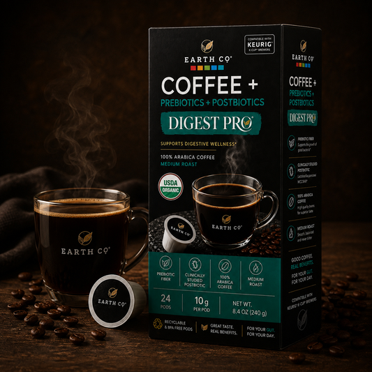 Earth Co Digest Pro K-Cup coffee pod and box with a fresh cup of brewed coffee — gut health pods