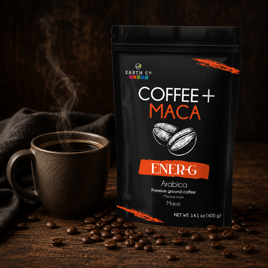 Earth Co ENER-G maca coffee bag beside a steaming mug of black coffee — natural energy coffee