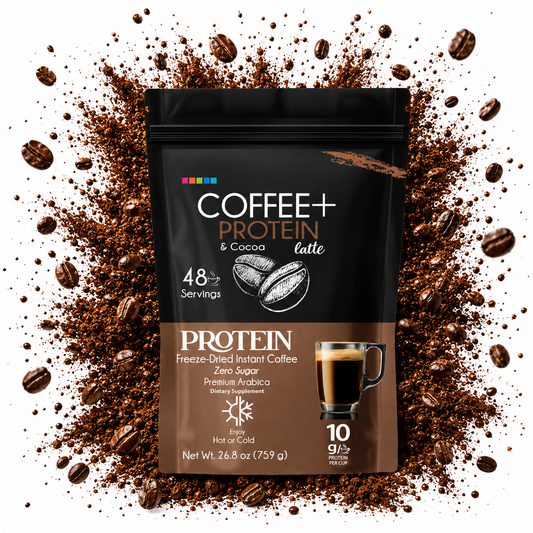 Earth Co Coffee + Protein & Cacao — freeze-dried instant coffee with 10g whey protein, 48 servings