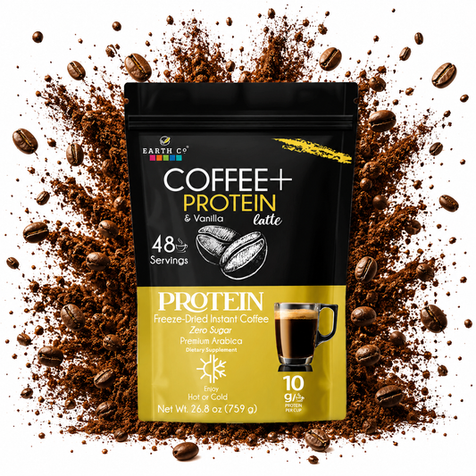 Earth Co Coffee + Protein & Vanilla — freeze-dried instant coffee with 10g whey protein, 48 serving